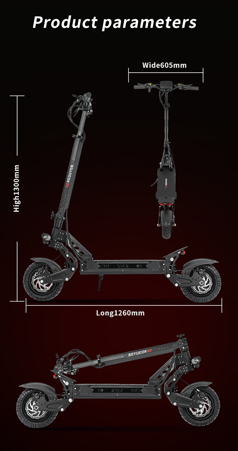 BOYUEDA G2 Electric Scooter 1600W Motor 55km/h Max Speed 52V 19Ah Battery 60–70km Range 10-Inch Off-Road Tires Front