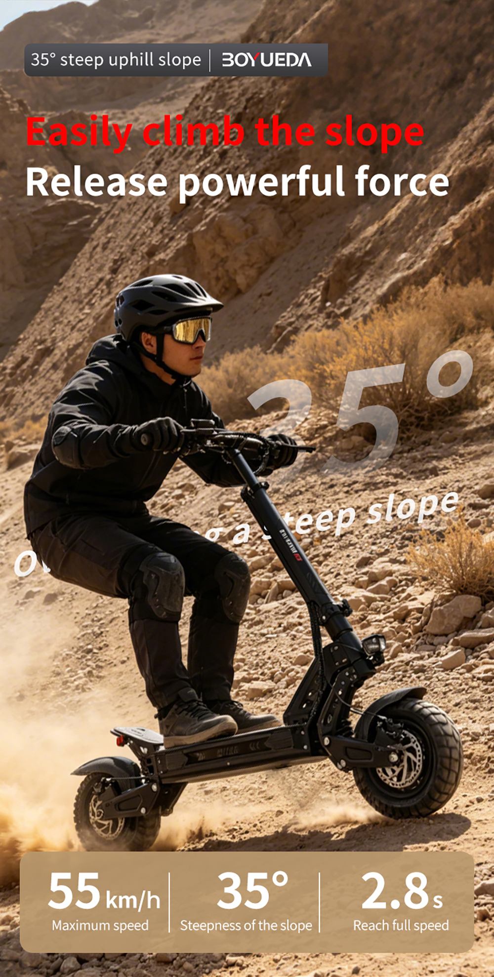 BOYUEDA G2 Electric Scooter 1600W Motor 55km/h Max Speed 52V 19Ah Battery 60–70km Range 10-Inch Off-Road Tires Front