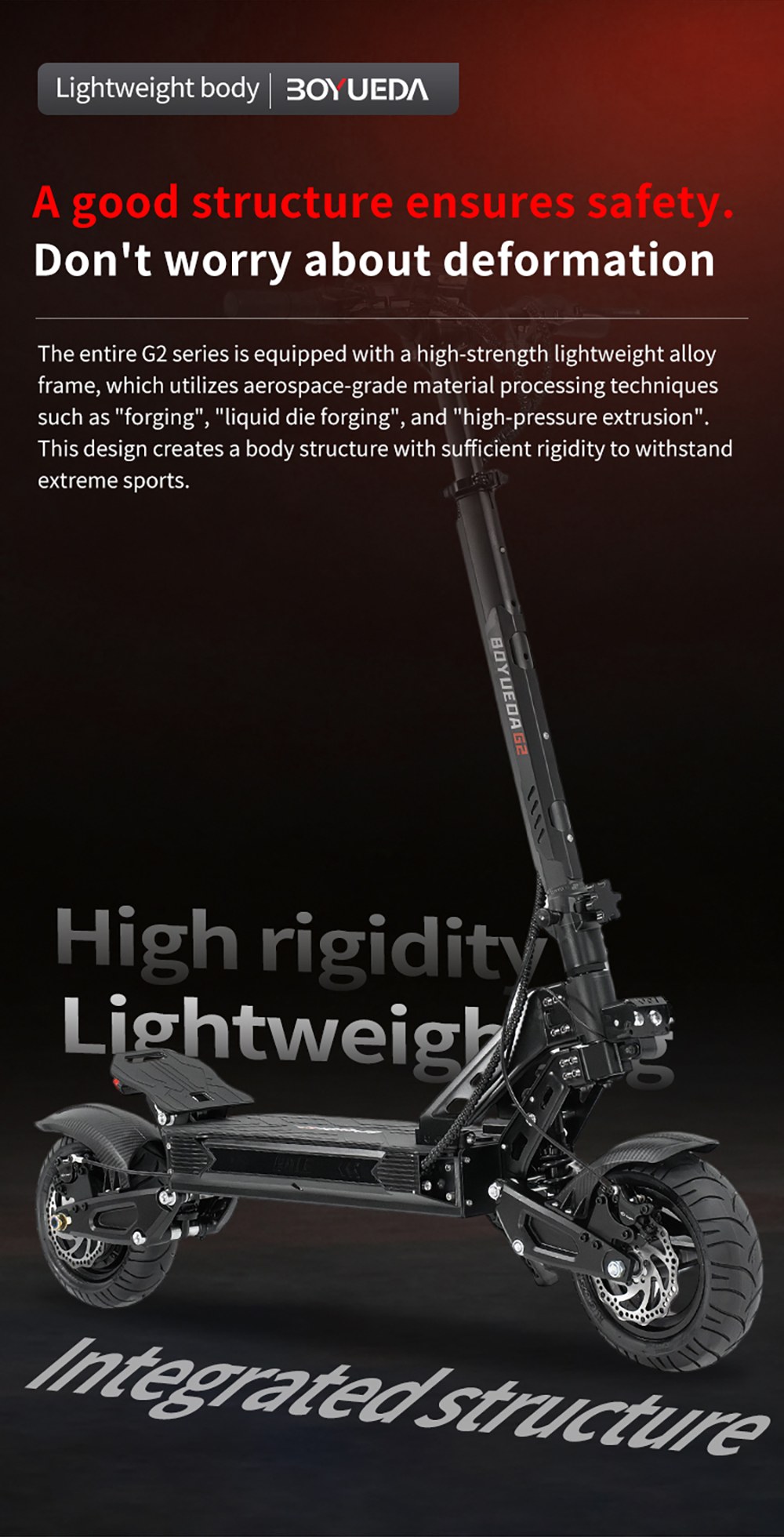 BOYUEDA G2 Electric Scooter 1600W Motor 55km/h Max Speed 52V 19Ah Battery 60–70km Range 10-Inch Off-Road Tires Front