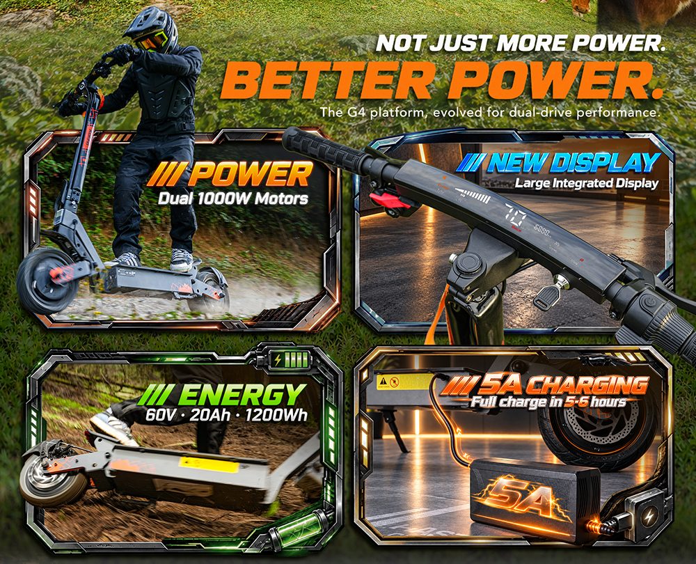 KuKirin G4 Ultra Electric Scooter Dual 1000W Motors 60V 20Ah 1200Wh Battery 70km/h Max Speed 80km Range 11-Inch Tubeless T