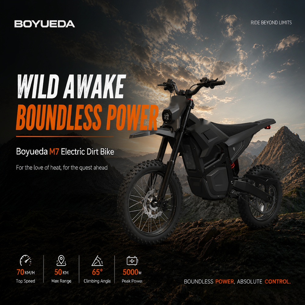 BOYUEDA M7 Electric Dirt Bike 5000W Peak Motor 60V 27Ah Lithium Battery 70km/h Max Speed 50km Range 200Nm Torque Front