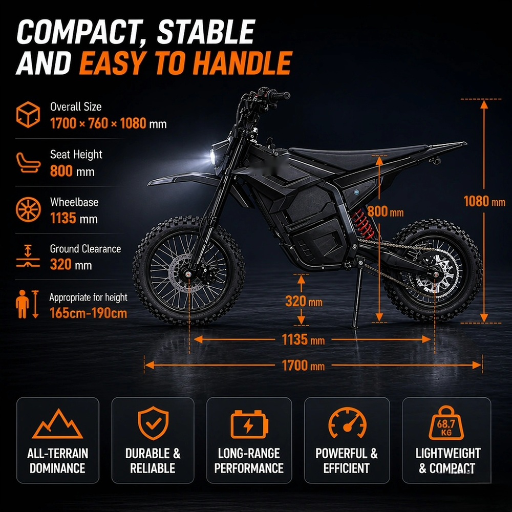 BOYUEDA M7 Electric Dirt Bike 5000W Peak Motor 60V 27Ah Lithium Battery 70km/h Max Speed 50km Range 200Nm Torque Front
