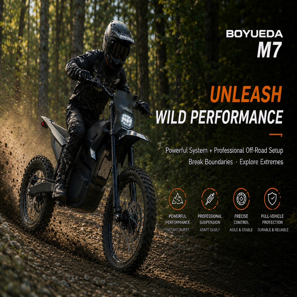 BOYUEDA M7 Electric Dirt Bike 5000W Peak Motor 60V 27Ah Lithium Battery 70km/h Max Speed 50km Range 200Nm Torque Front