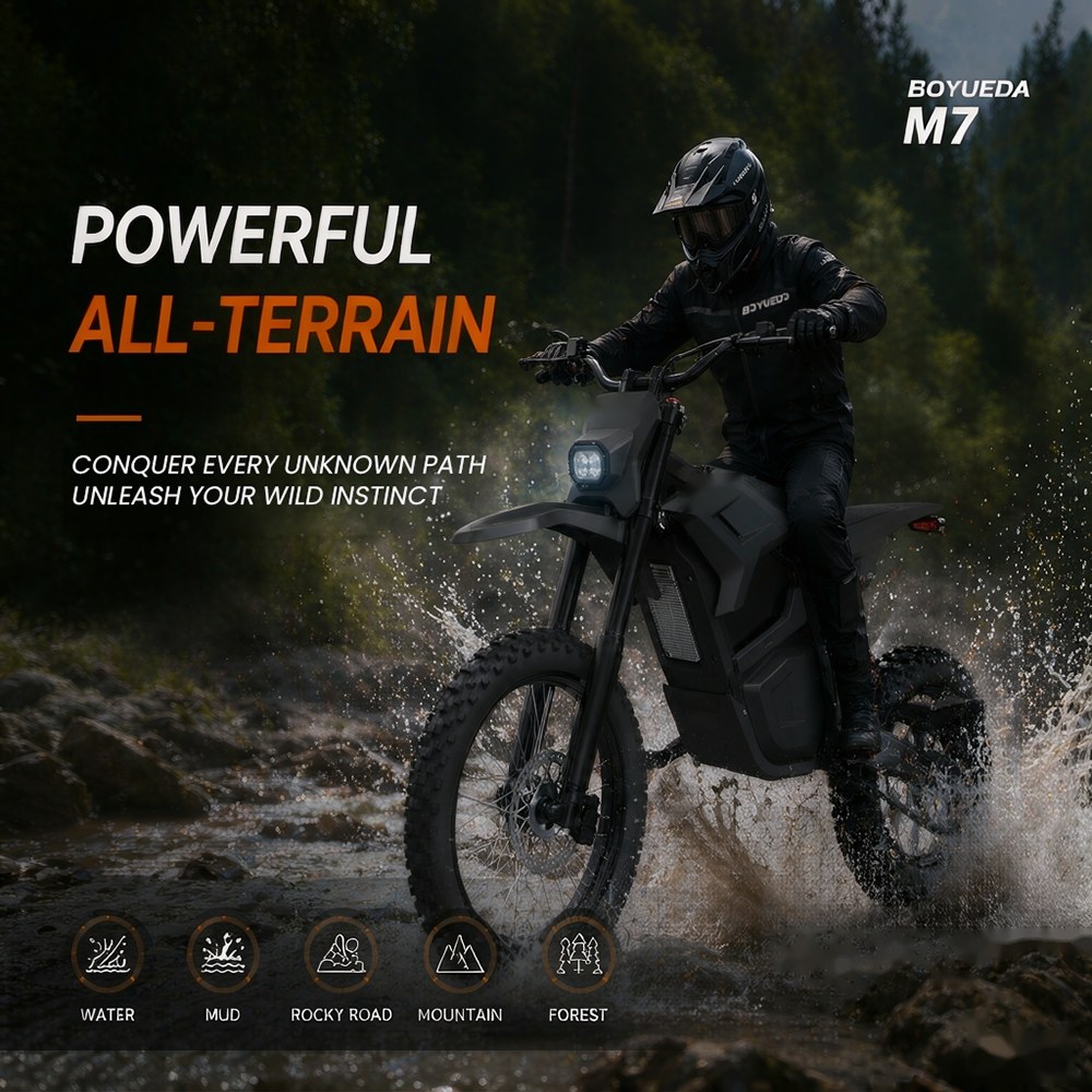 BOYUEDA M7 Electric Dirt Bike 5000W Peak Motor 60V 27Ah Lithium Battery 70km/h Max Speed 50km Range 200Nm Torque Front